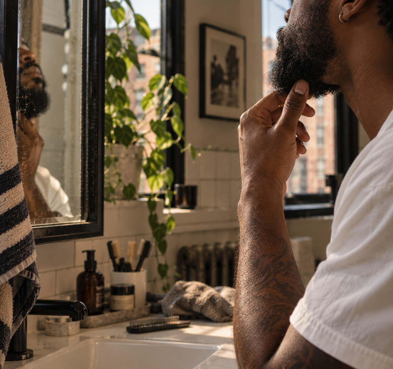 A man thoughtfully assessing his beard at his bathroom mirror